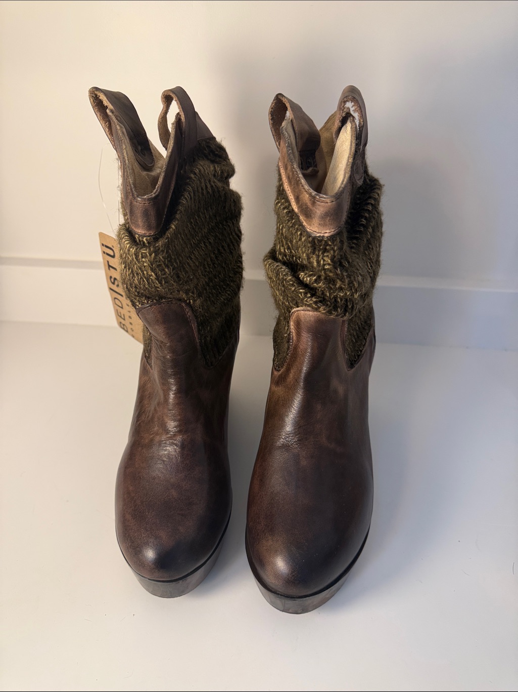 Bed Stu Bruges Olive Knit & Brown Leather W/ Teak Soles Women's Boot - Size 9.5
